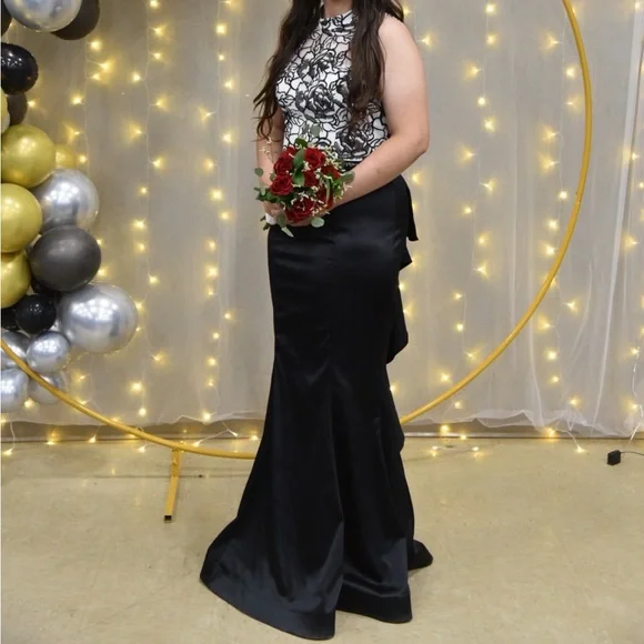 2 piece prom dresses black and white A Line Spaghetti Straps Two Piece Beaded White Long Prom Dress with Hi –  abcprom